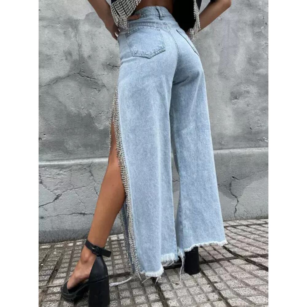 NEW Light Wash Stretch Denim Rhinestone Crystal Fringe Tassel Split Leg Jeans L - Picture 14 of 14